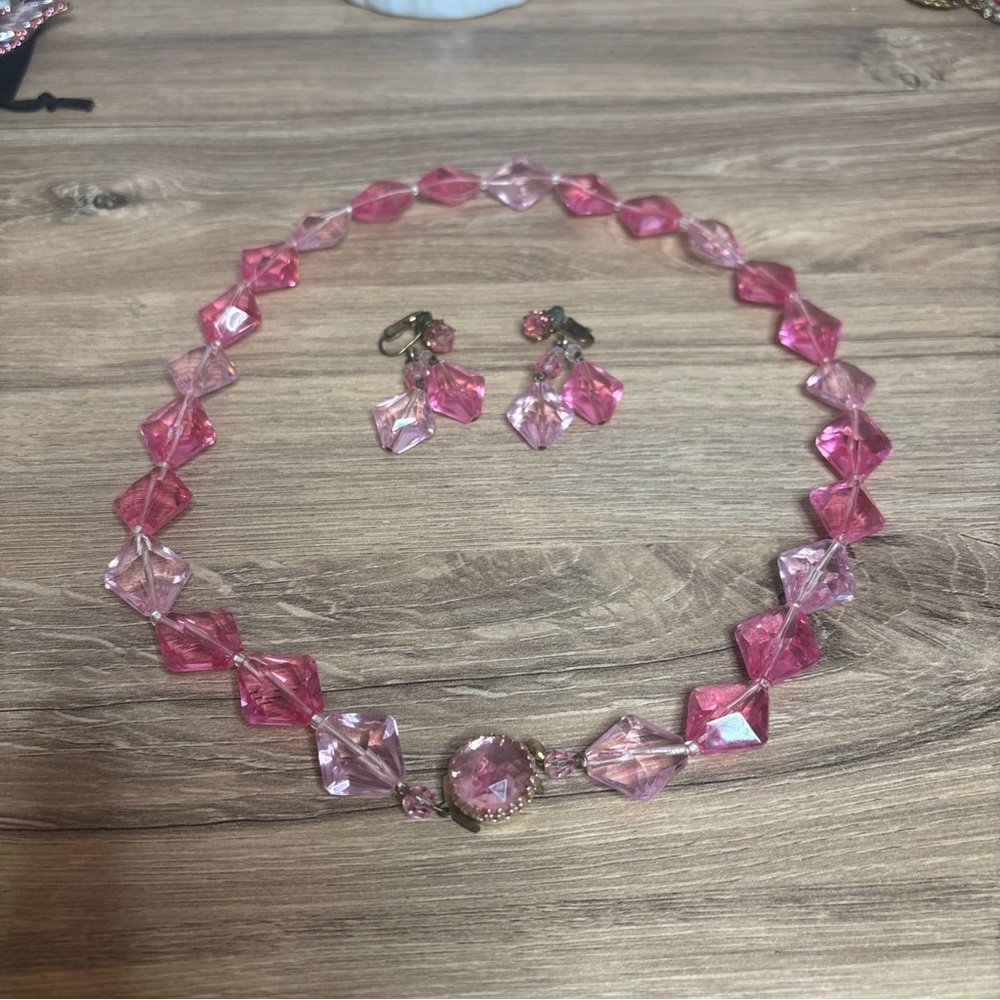 Vintage Pink Crystal Necklace and Earring Set - signed West Germany